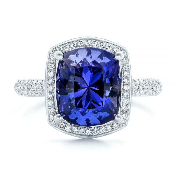 14k White Gold Custom Iolite And Diamond Halo Fashion Ring - Top View -  102803