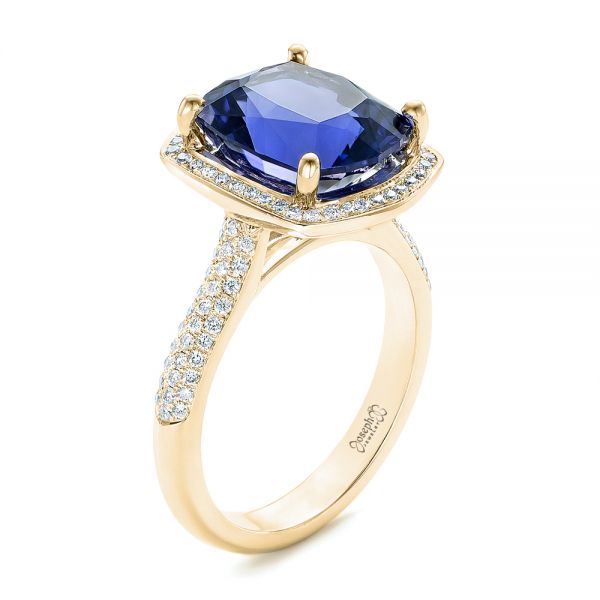 14k Yellow Gold 14k Yellow Gold Custom Iolite And Diamond Halo Fashion Ring - Three-Quarter View -  102803