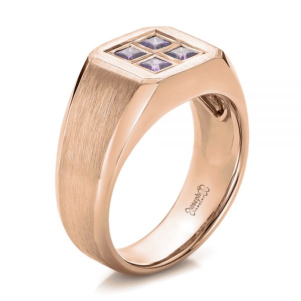 14k Rose Gold 14k Rose Gold Custom Men's Sapphire And Brushed Metal Band - Three-Quarter View -  100634