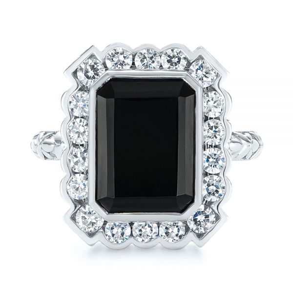 14k White Gold Custom Onyx And Diamond Halo Fashion Ring - Top View -  105055