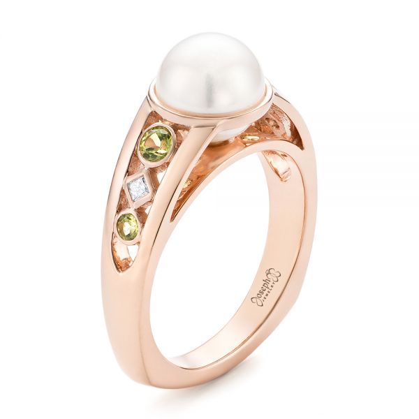 14k Rose Gold Custom White Pearl Peridot And Diamond Fashion Ring - Three-Quarter View -  102755