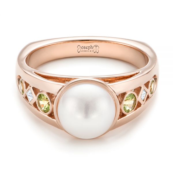 14k Rose Gold Custom White Pearl Peridot And Diamond Fashion Ring - Flat View -  102755