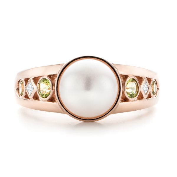 14k Rose Gold Custom White Pearl Peridot And Diamond Fashion Ring - Top View -  102755