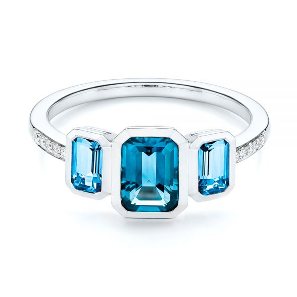 14k White Gold Emerald Cut Blue Topaz And Diamond Three-stone Ring - Flat View -  106024 - Thumbnail