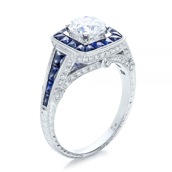 Art Deco Style Blue Sapphire Halo And Diamond Engagement Ring - Three-Quarter View -  100387