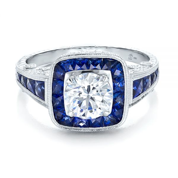 Art Deco Style Blue Sapphire Halo And Diamond Engagement Ring - Flat View -  100387