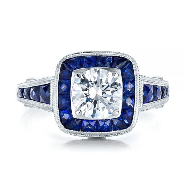 Art Deco Style Blue Sapphire Halo And Diamond Engagement Ring - Top View -  100387