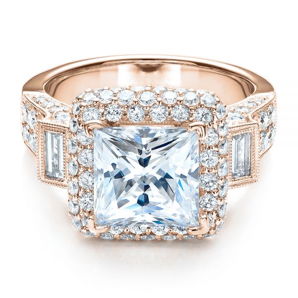 14k Rose Gold Baguette Side Stones Princess Cut Engagement Ring - Vanna ...