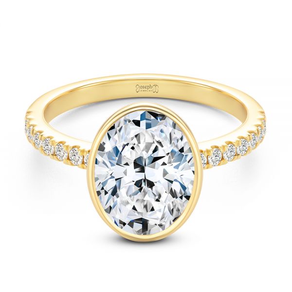14k Yellow Gold Bezel And Diamond Accents Oval Engagement Ring - Flat View -  107624 - Thumbnail