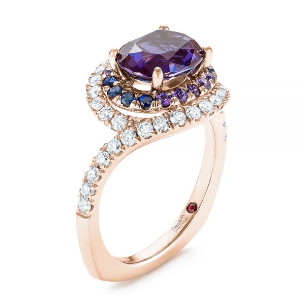 Custom Alexandrite Blue and Purple Sapphire and Diamond Halo Engagement Ring R 3qtr 103443