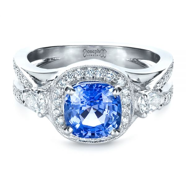  Platinum Custom Blue Sapphire Engagement Ring - Flat View -  1432