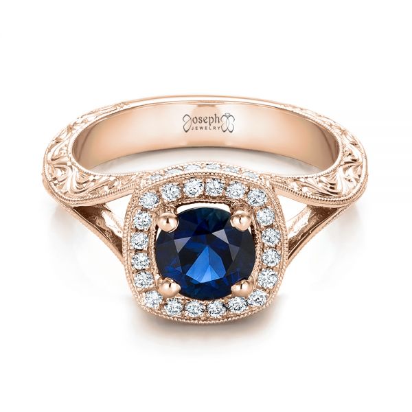 14k Rose Gold 14k Rose Gold Custom Blue Sapphire And Diamond Halo Engagement Ring - Flat View -  102153