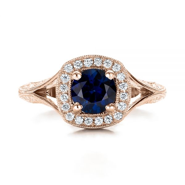 18k Rose Gold 18k Rose Gold Custom Blue Sapphire And Diamond Halo Engagement Ring - Top View -  102153