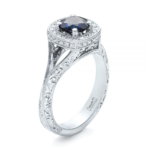 18k White Gold 18k White Gold Custom Blue Sapphire And Diamond Halo Engagement Ring - Three-Quarter View -  102153