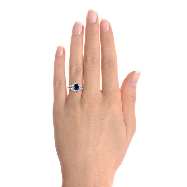 14k White Gold Custom Blue Sapphire And Diamond Halo Engagement Ring - Hand View -  102153