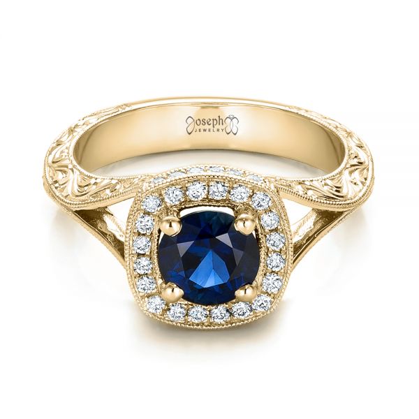 18k Yellow Gold 18k Yellow Gold Custom Blue Sapphire And Diamond Halo Engagement Ring - Flat View -  102153