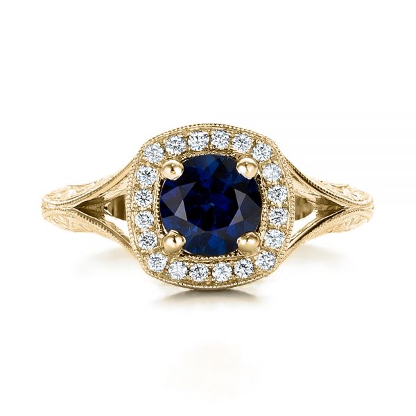 18k Yellow Gold 18k Yellow Gold Custom Blue Sapphire And Diamond Halo Engagement Ring - Top View -  102153