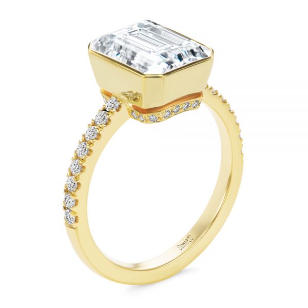 Custom Emerald Cut Diamond Bezel Engagement Ring with Hidden Halo - Image