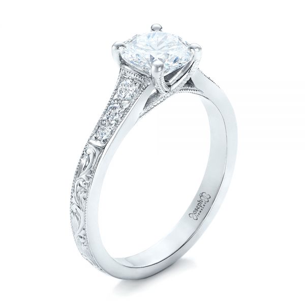  Platinum Platinum Custom Engraved Diamond Engagement Ring - Three-Quarter View -  102107