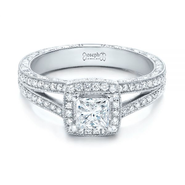  Platinum Platinum Custom Engraved Princess Cut And Halo Diamond Engagement Ring - Flat View -  101592