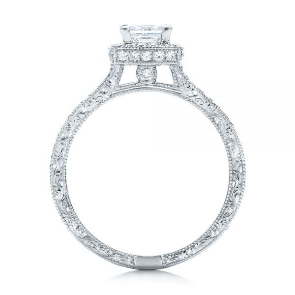  Platinum Platinum Custom Engraved Princess Cut And Halo Diamond Engagement Ring - Front View -  101592