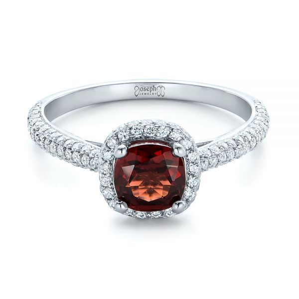 18k White Gold 18k White Gold Custom Garnet And Pave Diamond Halo Engagement Ring - Flat View -  102222