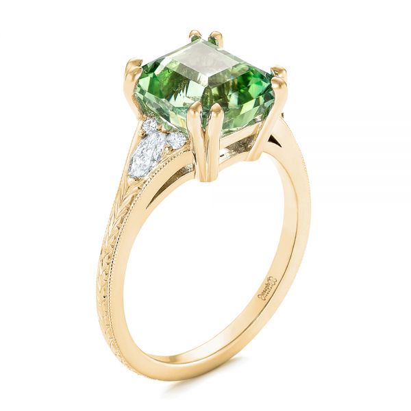 Yellow Gold Green Tourmaline with Diamond Cluster Ring - Dianna Rae Jewelry