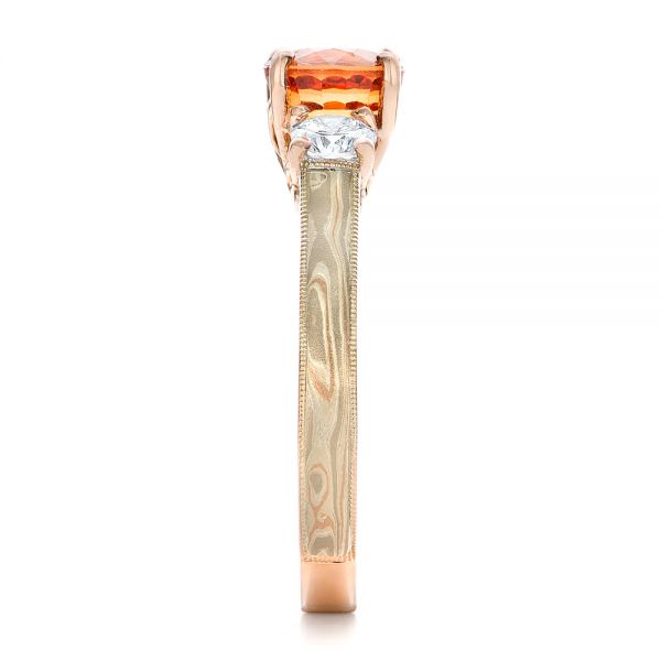 14k Rose Gold Custom Orange Sapphire And Diamond Mokume Engagement Ring - Side View -  102104