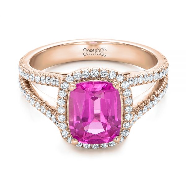 Heart Shaped Pink Sapphire & Diamond Halo Engagement Ring 14k Rose