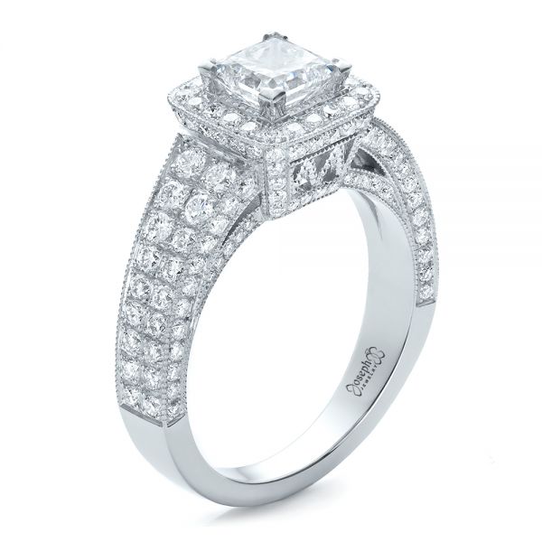  Platinum Custom Princess Cut Diamond Halo Engagement Ring - Three-Quarter View -  100576