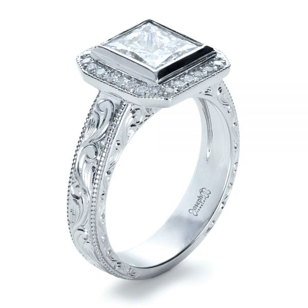 14k White Gold Custom Princess Cut Halo Engagement Ring - Three-Quarter View -  1209