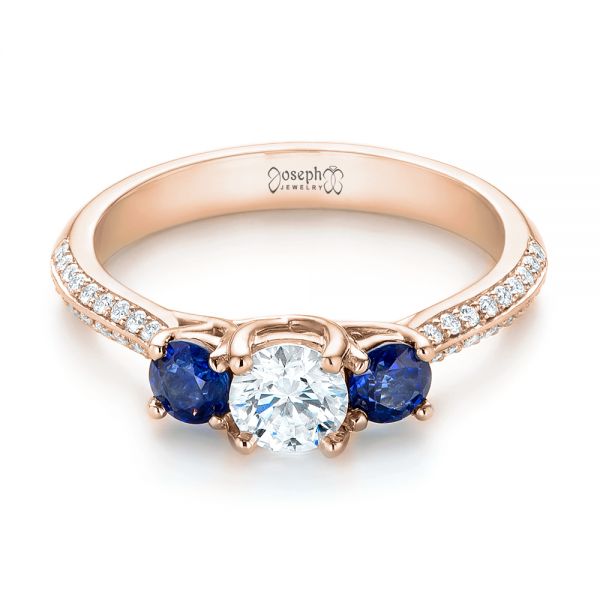 14k Rose Gold 14k Rose Gold Custom Three Stone Blue Sapphire And Diamond Engagement Ring - Flat View -  103490