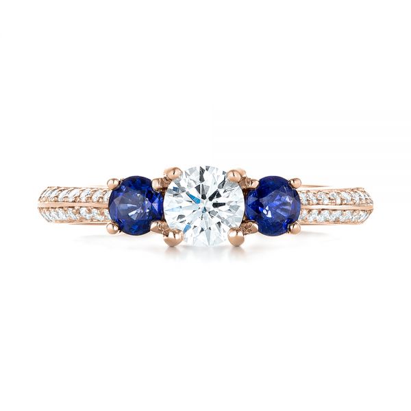 14k Rose Gold 14k Rose Gold Custom Three Stone Blue Sapphire And Diamond Engagement Ring - Top View -  103490