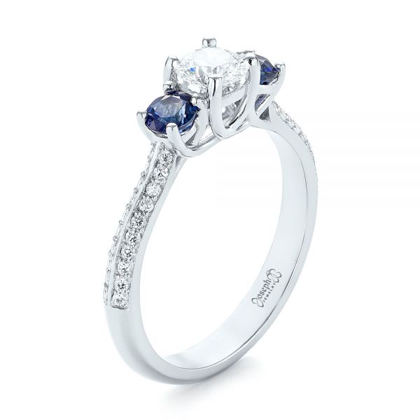 18k White Gold 18k White Gold Custom Three Stone Blue Sapphire And Diamond Engagement Ring - Three-Quarter View -  103490