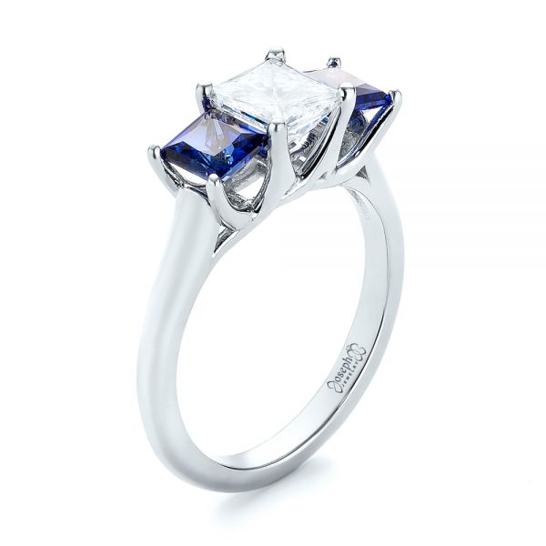 Custom Three Stone Blue Sapphire And Diamond Engagement Ring #103529 ...