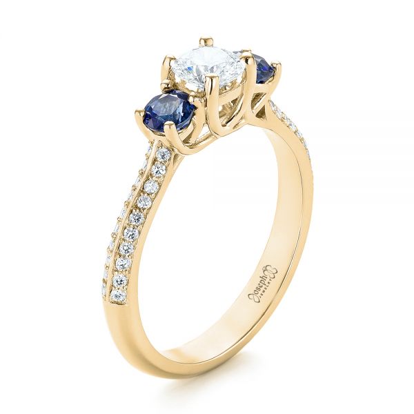 14k Yellow Gold 14k Yellow Gold Custom Three Stone Blue Sapphire And Diamond Engagement Ring - Three-Quarter View -  103490