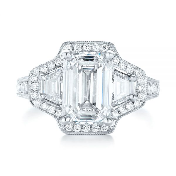  Platinum Custom Three Stone Diamond Halo Engagement Ring - Top View -  103401