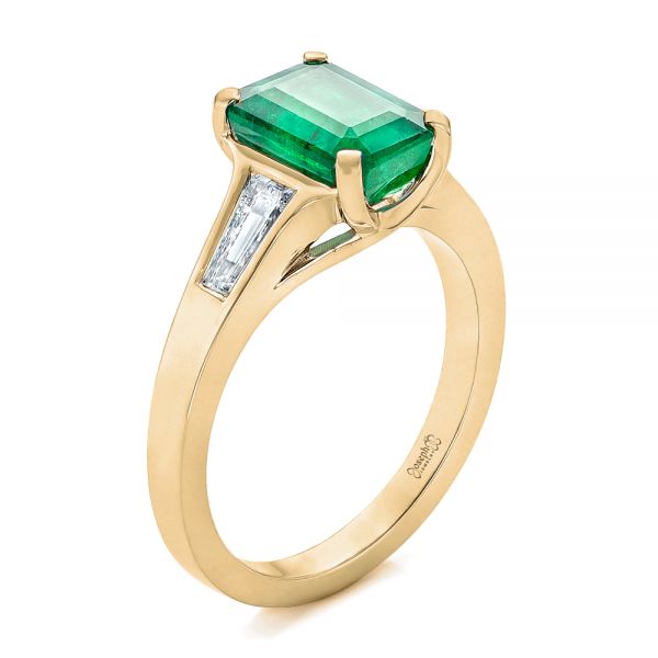 18k Yellow Gold Custom Three Stone Emerald And Diamond Engagement Ring ...