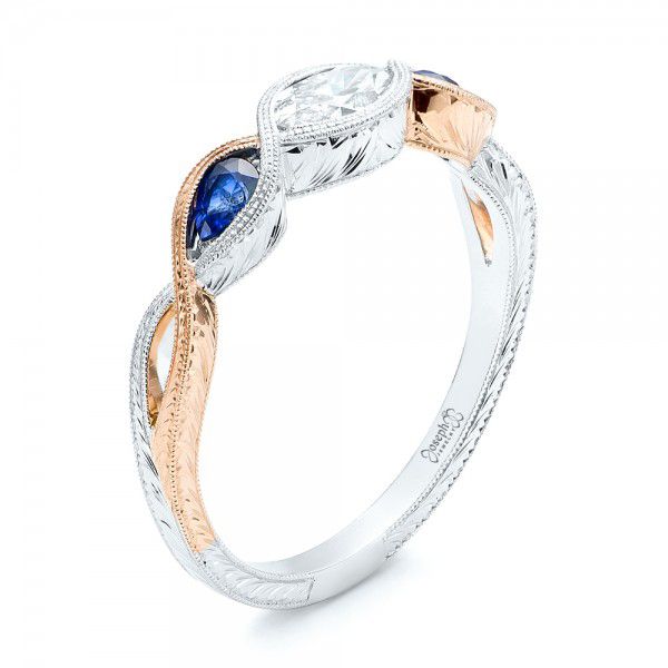 Custom Two Tone Three Stone Blue Sapphire and Diamond Engagement Ring W 3qtr 103056