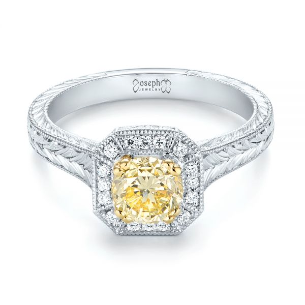  Platinum And 18K Gold Custom Two-tone Yellow And White Diamond Halo Engagement Ring - Flat View -  103270