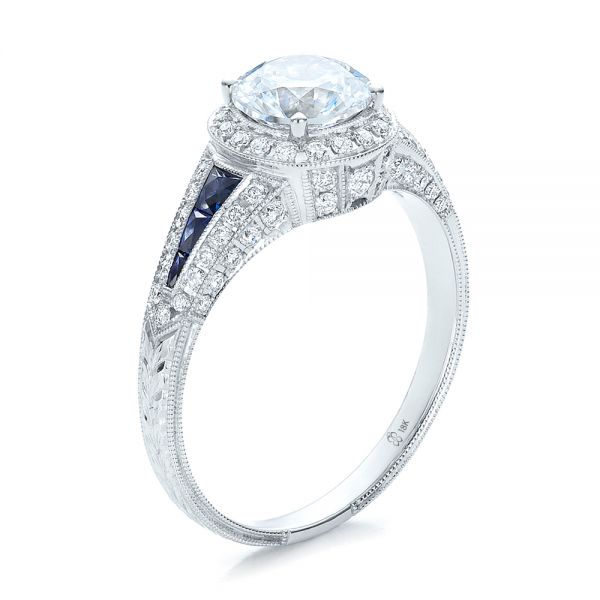 Diamond Halo And Blue Sapphire Engagement Ring - Three-Quarter View -  100391