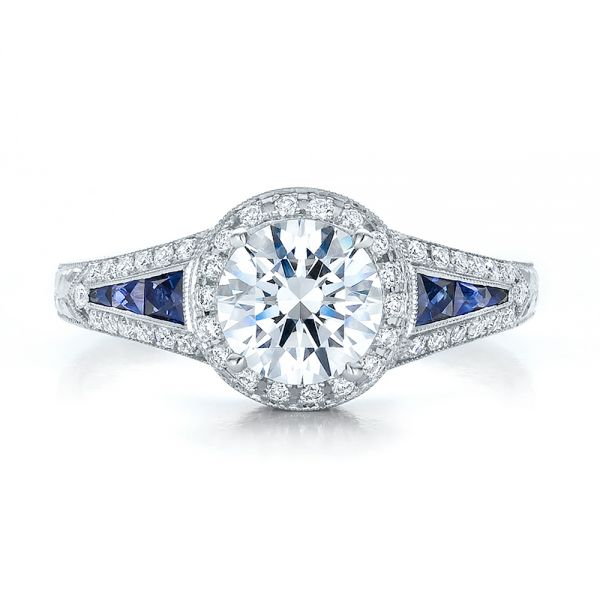 Diamond Halo And Blue Sapphire Engagement Ring - Top View -  100391