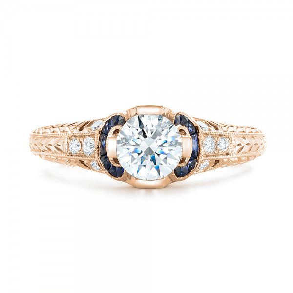 18k Rose Gold 18k Rose Gold Diamond And Blue Sapphire Engagement Ring - Top View -  102677