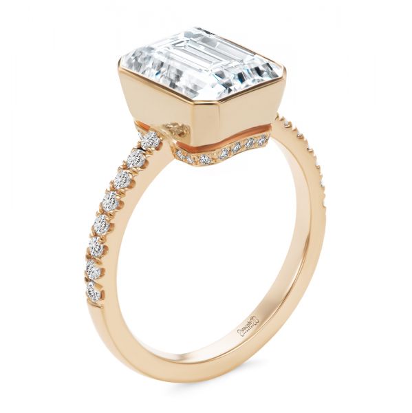 14k Rose Gold 14k Rose Gold Emerald Cut Diamond Bezel Engagement Ring With Diamond Accents - Three-Quarter View -  107655 - Thumbnail