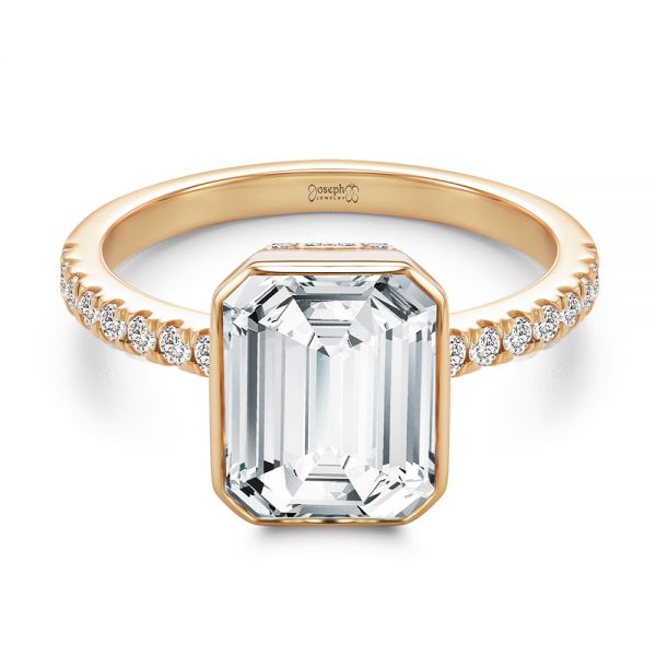 18k Rose Gold 18k Rose Gold Emerald Cut Diamond Bezel Engagement Ring With Diamond Accents - Flat View -  107655 - Thumbnail