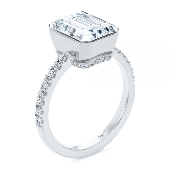  Platinum Platinum Emerald Cut Diamond Bezel Engagement Ring With Diamond Accents - Three-Quarter View -  107655 - Thumbnail