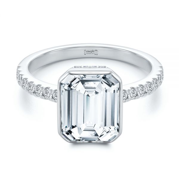 18k White Gold 18k White Gold Emerald Cut Diamond Bezel Engagement Ring With Diamond Accents - Flat View -  107655 - Thumbnail