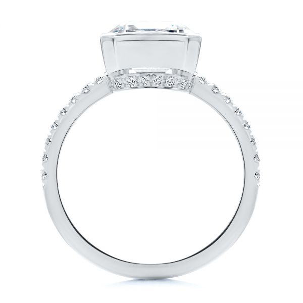 18k White Gold 18k White Gold Emerald Cut Diamond Bezel Engagement Ring With Diamond Accents - Front View -  107655 - Thumbnail