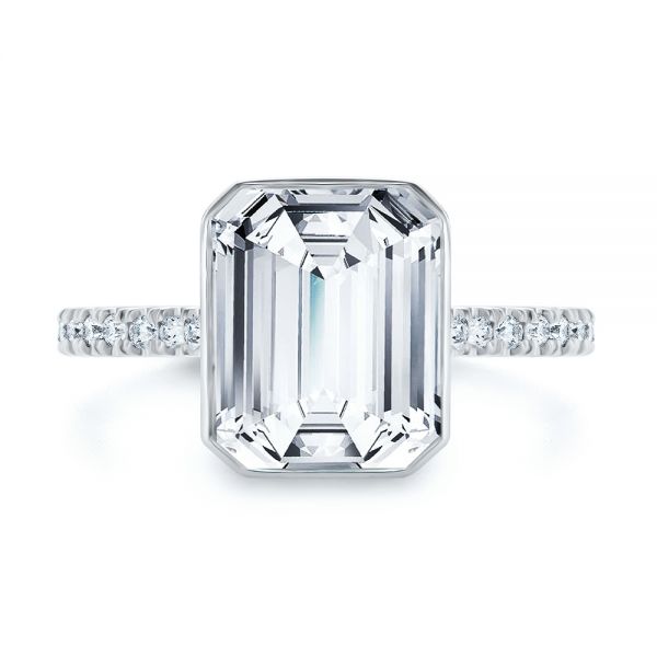 18k White Gold 18k White Gold Emerald Cut Diamond Bezel Engagement Ring With Diamond Accents - Top View -  107655 - Thumbnail