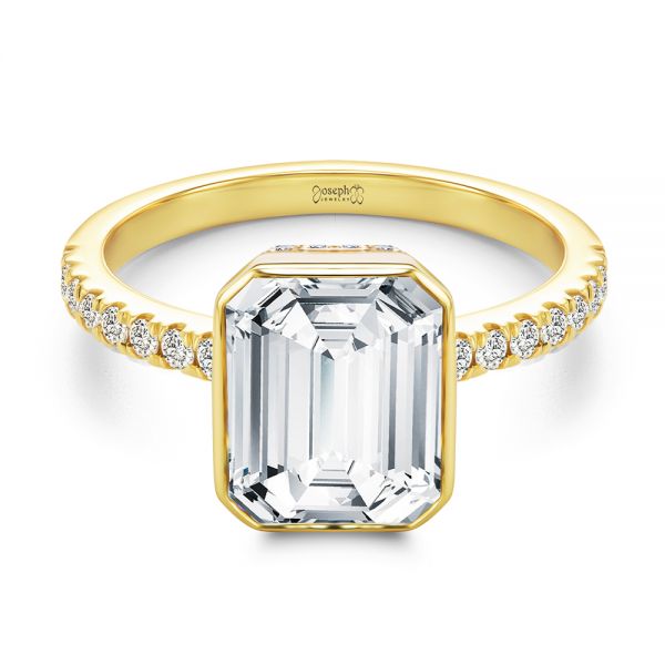 18k Yellow Gold 18k Yellow Gold Emerald Cut Diamond Bezel Engagement Ring With Diamond Accents - Flat View -  107655 - Thumbnail